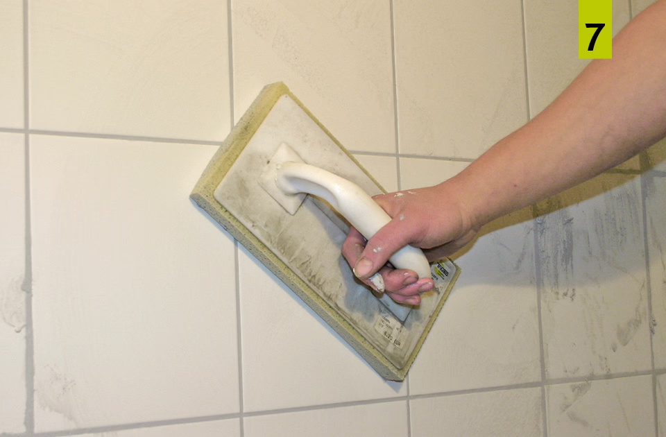 After grouting, clean the tiles with a sponge board.